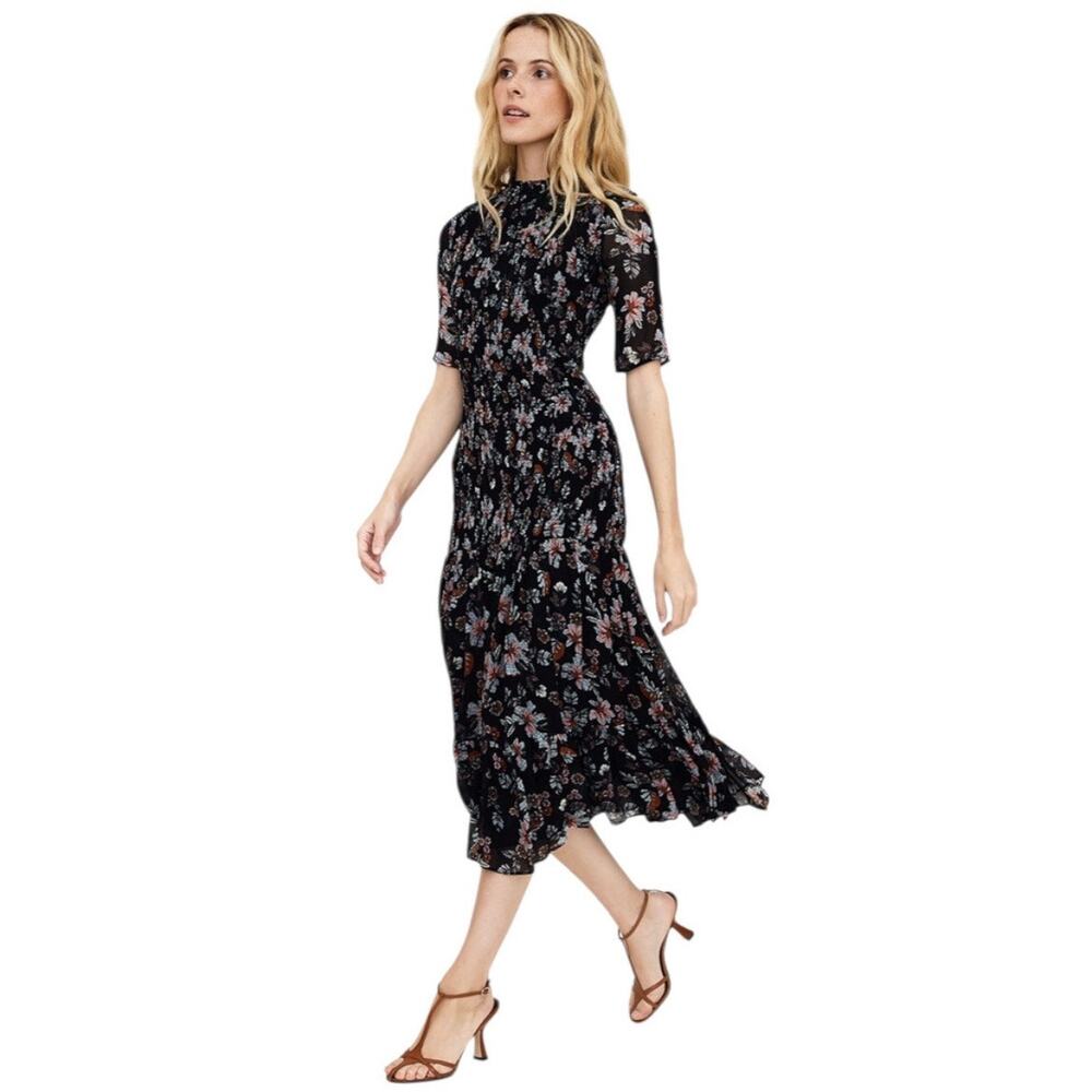 Veronica Beard Gabi Black Floral Chiffon Drop Waist Smocked Midi Dress SIZE 6
